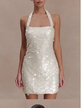 embellished dress mesh sleeves Zeta Sheer Embellished Long Sleeve A-Line Mini Dress in Almond